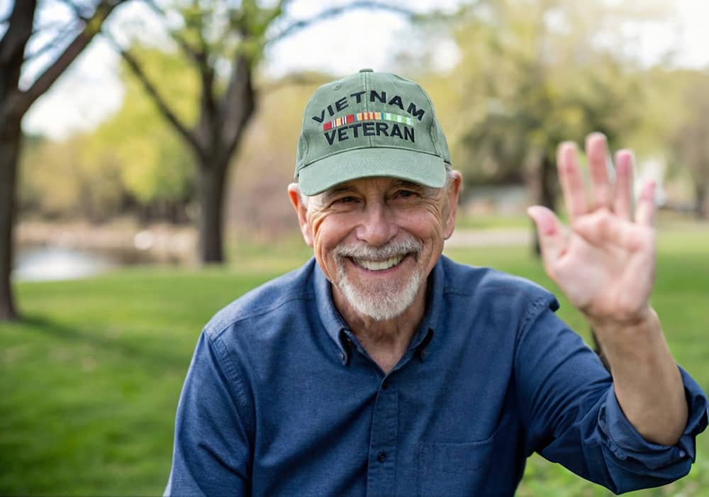 Veteran waving while standing outside